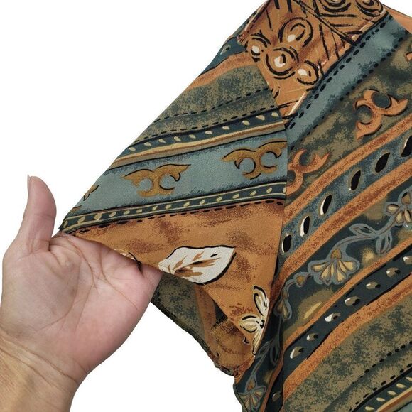 Vintage 90's Maxi Dress 12 Green Tan Modest Short Sleeve Shift Southwestern - Picture 5 of 14